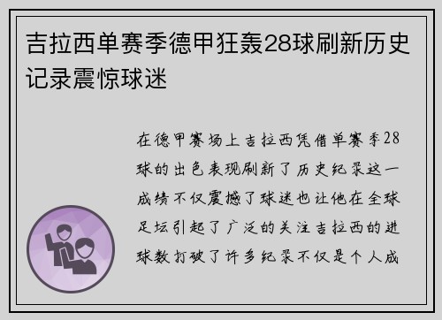 吉拉西单赛季德甲狂轰28球刷新历史记录震惊球迷 吉拉西单赛季德甲狂轰28球刷新历史记录震惊球迷