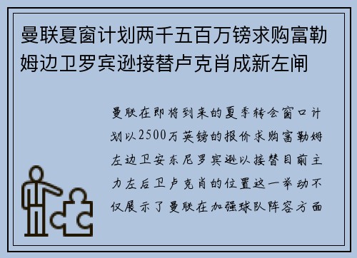 曼联夏窗计划两千五百万镑求购富勒姆边卫罗宾逊接替卢克肖成新左闸
